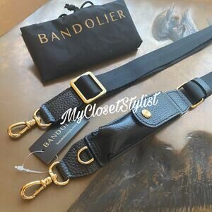 Bandolier Lipstick NEW Adjustable Crossbody Purse Strap Black Leather Gold NIB!